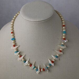 Vintage Fetish Mother of Pearl Turquoise Coral Bird Faux Pearl Necklace
